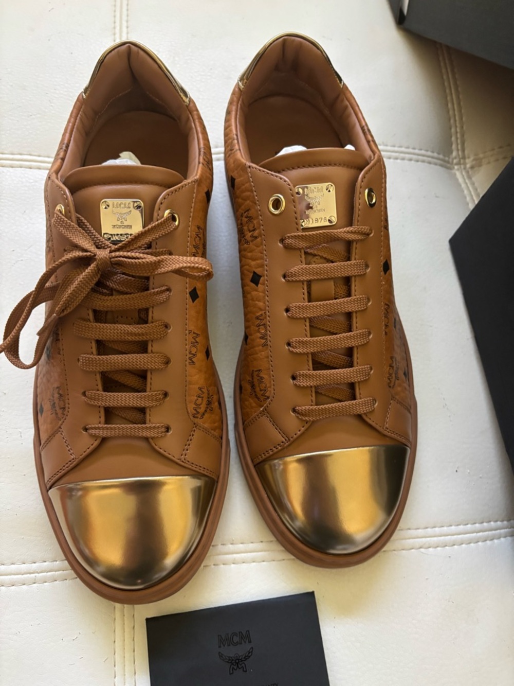 MCM Men's Cognac/Tan Leather Sneakers with Gold Metallic Cap